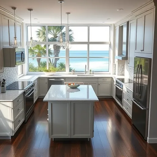Remodeled kitchen in Singer Island FL with gray cabinetry, quartz countertops, stainless steel appliances, and coastal decor.