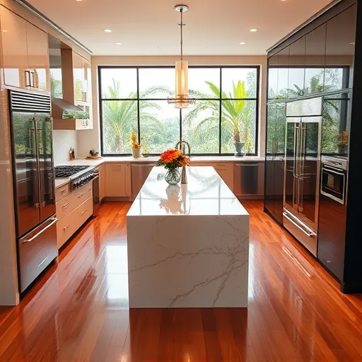 Stunning modern kitchen in Lantana FL with marble countertops, stainless steel appliances, and elegant lighting.