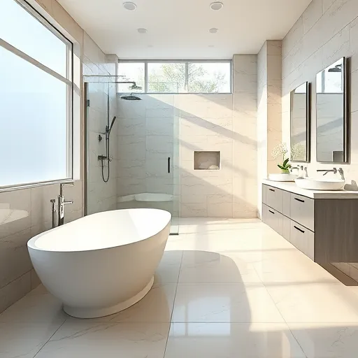Renovated modern bathroom in Port Saint Lucie Florida with freestanding tub, walk-in shower, marble countertops, and polished porcelain tiles
