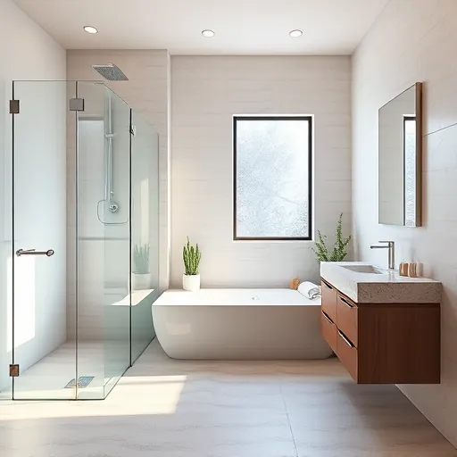 Renovated North Palm Beach bathroom with frameless glass shower, soaking tub, marble vanity, greenery, and modern decor
