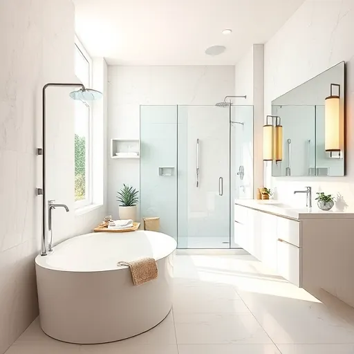 Completed bathroom remodel in North Palm Beach features modern fixtures, marble tiles, spacious walk-in shower, and bright ambiance.