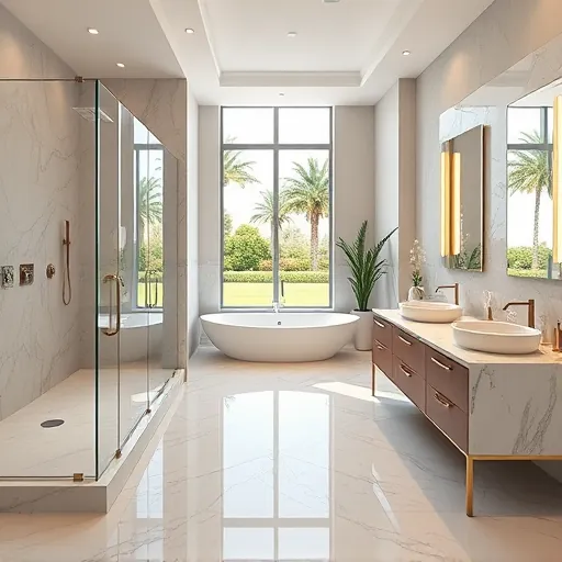 Modern renovated bathroom in Gulf Stream FL with glass shower, marble bathtub, double vanity, neutral tones, lush view