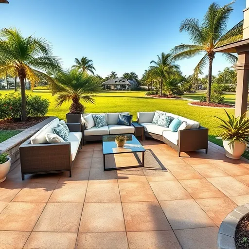 Completed Riviera Beach patio with beige and terracotta stone pavers, modern outdoor seating, lush landscaping, and tropical details