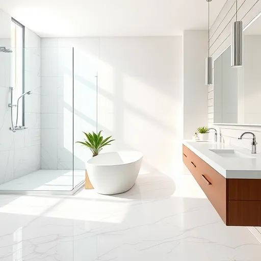 Renovated West Palm Beach bathroom with white marble floors, frameless glass shower, freestanding tub, dark wood vanity, coastal accents and natural sunlight