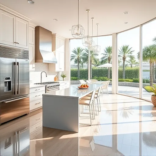 Modern kitchen remodel in Palm Beach Shores with stainless steel appliances, quartz countertops, and a spacious island.