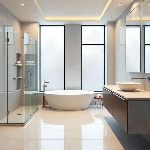 Remodeled Lantana Florida bathroom with frameless glass shower, freestanding tub, granite vanity, marble tiles, and natural light