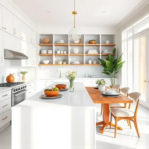 Modern kitchen in Briny Breezes FL features sleek white cabinetry, marble countertops, and stylish dining area with greenery.