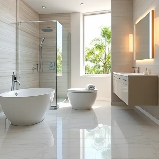 Freshly renovated bathroom in Riviera Beach FL featuring modern fixtures, stylish tiles, and a harmonious ambiance.