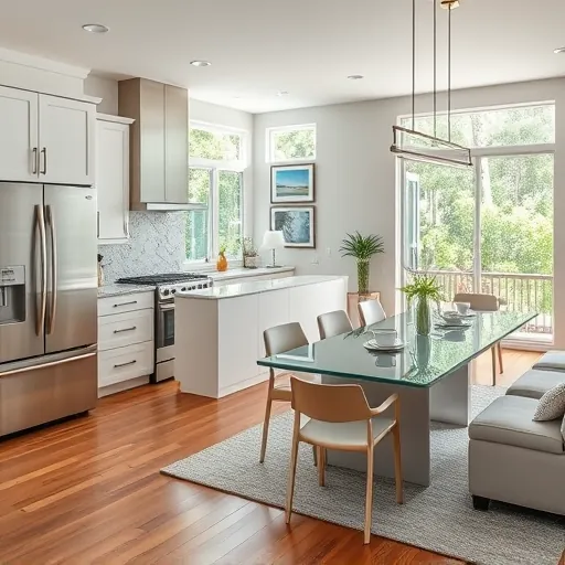 Remodeled kitchen and living area in Juno Ridge FL featuring modern design, sleek cabinetry, and bright natural light.