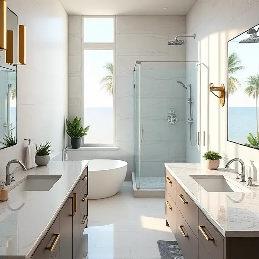 Renovated bathroom in Riviera Beach FL with granite countertops, walk-in shower, soaking tub, and coastal decor.