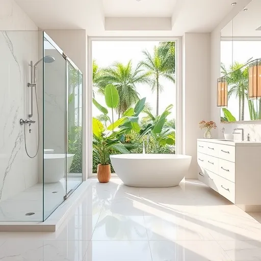 Completed modern Jupiter Florida bathroom with walk-in shower, marble tiles, freestanding tub, lush garden views