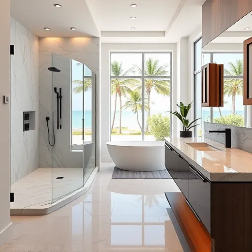Luxury remodeled bathroom in Palm Beach Shores with marble shower, soaking tub, double vanity, tropical view