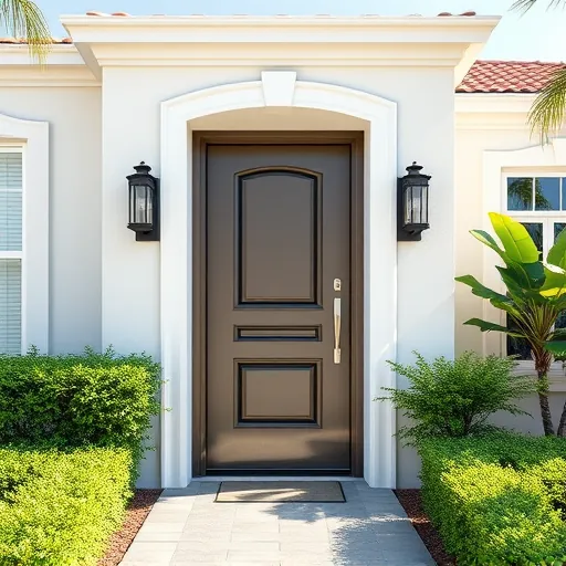 Modern stylish front door with lush landscaping and sunny exterior in Riviera Beach Florida