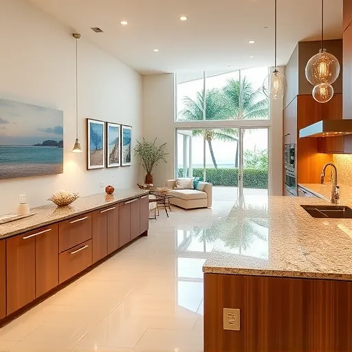 Modern kitchen remodel in Juno Beach FL featuring warm wood cabinetry, granite island, and coastal decor in living area.