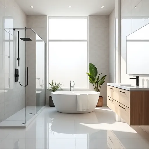 Modern renovated bathroom in Briny Breezes Florida with walk-in shower, freestanding tub, marble countertops, and natural light