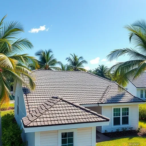 Freshly completed modern roof with high-quality shingles on a sunny Riviera Beach Florida home with lush landscaping and neighbor's house