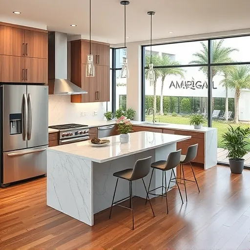 Modern kitchen remodel in Lake Park, FL with stainless steel appliances, marble countertop, and bright natural lighting.