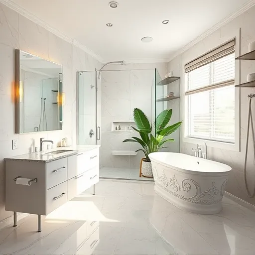 Remodeled Briny Breezes FL bathroom with modern fixtures, walk-in glass shower, contemporary vanity, freestanding tub, tropical plants