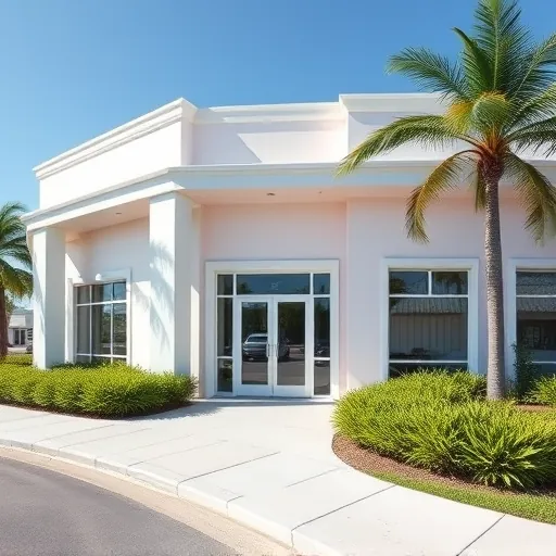 Beautiful pastel-painted commercial building in Riviera Beach FL with lush landscaping and vibrant natural lighting