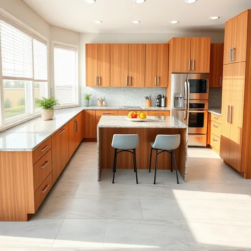 Modern Canal Point kitchen with granite countertops, stainless steel appliances, warm wood cabinetry, and light-gray tile flooring.