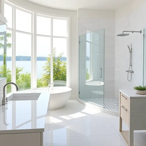 Beautiful renovated lakeside bathroom with white marble counters freestanding tub modern fixtures and lush greenery view