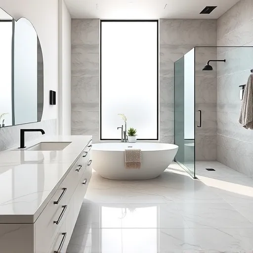 Renovated Greenacres FL bathroom with marble countertops, walk-in glass shower, freestanding tub, neutral porcelain tiles