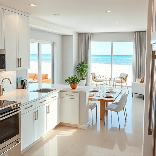 Modern Riviera Beach kitchen remodel with white cabinetry, marble counters, stainless appliances, and beach views.