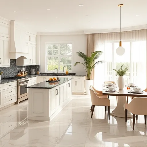 Elegant kitchen remodel in Highland Beach, featuring white cabinetry, dark granite, and a bright, inviting dining area.