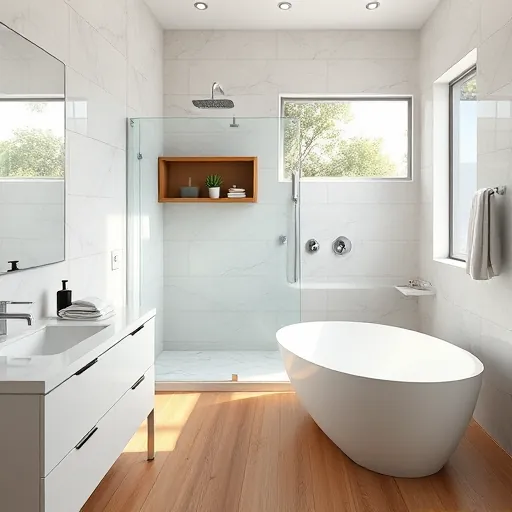 Freshly renovated bathroom in Stuart FL featuring marble countertops, glass shower, soaking tub, and elegant tiles.