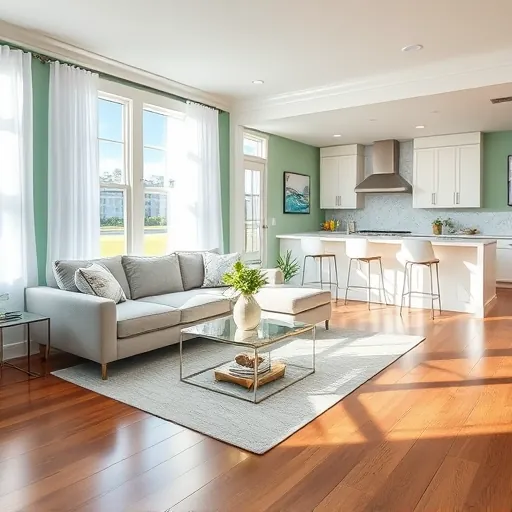 Modern living room in Stuart FL with coastal charm, featuring seafoam walls, hardwood floors, and sleek decor.