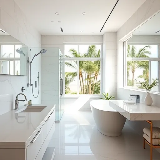 Renovated bathroom in Riviera Beach showcasing modern fixtures, marble countertops, and a soothing seaside atmosphere.