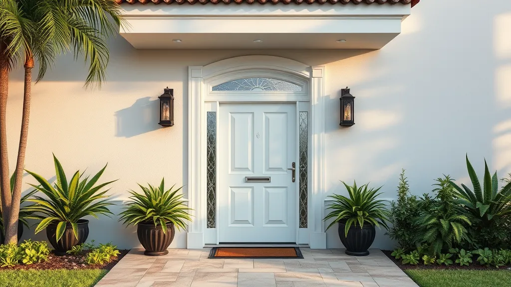 Door installation project showcase in Riviera Beach FL with various styles and finishes displayed outdoors.