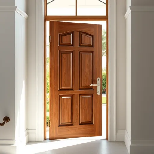 Beautiful wooden door with intricate panels and modern hardware in a clean Riviera Beach home with lush greenery