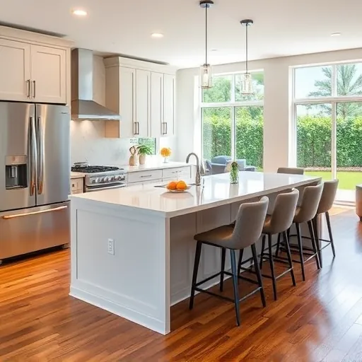 Modern kitchen remodel in Lake Park FL with stainless steel appliances, quartz countertops, and natural light.