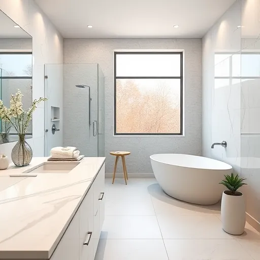 Remodeled modern bathroom in Haverhill FL with white marble countertops, freestanding bathtub, glass shower, and elegant lighting