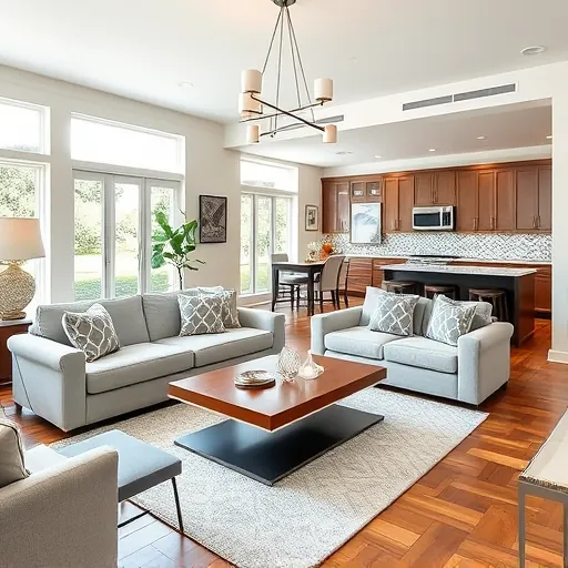 Modern living room remodeling in Greenacres FL with elegant neutral furniture, wooden accents, and natural light.