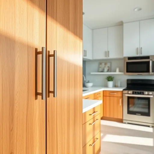 Refinished coastal-style cabinet with detailed wood grain and glossy finish in a bright modern kitchen in Riviera Beach Florida