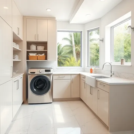 Modern renovated laundry room in Riviera Beach Florida with sleek cabinetry, marble countertops, stainless steel washer and dryer, built-in shelving, light tile flooring, large window with greenery view, LED lighting, pastel walls, minimalist sink area, organized clean space