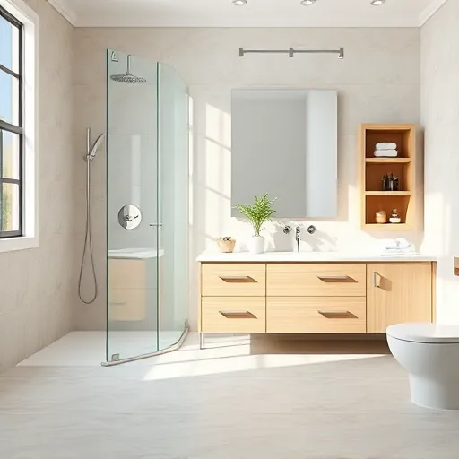 Remodeled Greenacres Florida bathroom with modern fixtures, glass shower, oak vanity, and neutral-toned tiles.