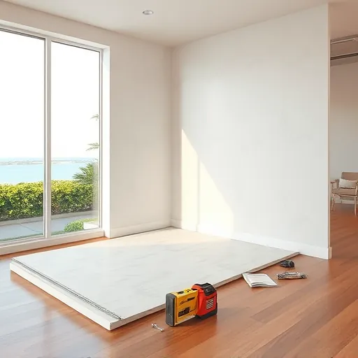 Finished drywall installation in a bright modern Florida home with lush outdoor views and polished hardwood floors