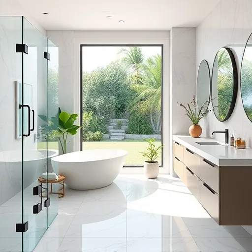 Modern elegant bathroom in South Palm Beach with marble tiles, frameless glass shower, freestanding tub, quartz vanity, and lush plants