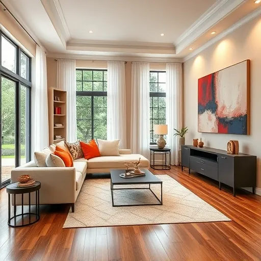Remodeled living room in Pahokee, FL, featuring neutral tones, modern furniture, large windows, and elegant decor.