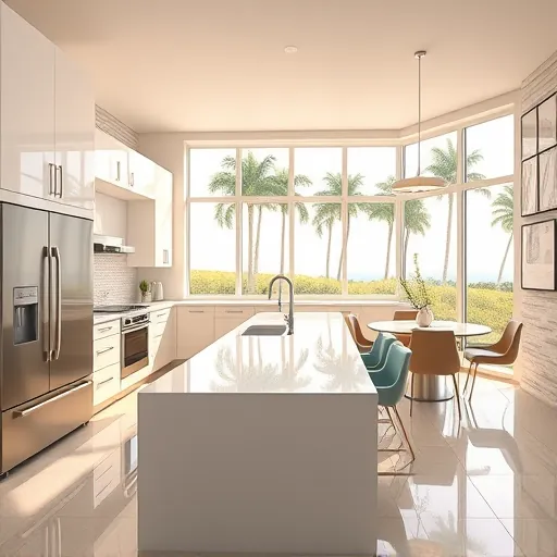 Spacious modern kitchen in North Palm Beach featuring sleek cabinetry, quartz island, and coastal views.
