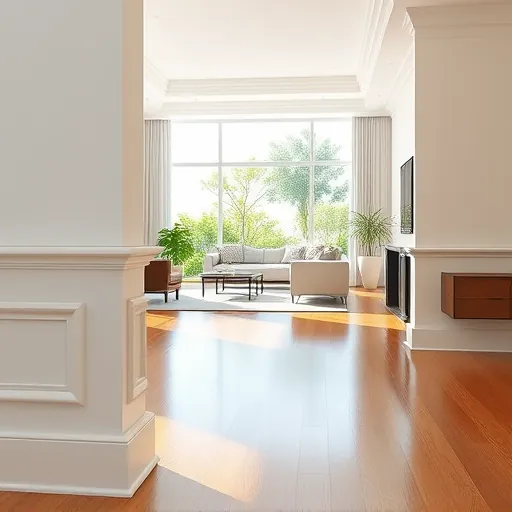 Close-up of flawless crown molding and baseboards in a modern Riviera Beach home with neutral walls and hardwood flooring