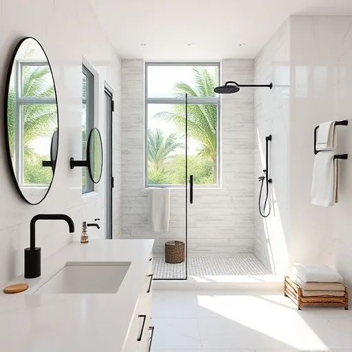 Newly remodeled Delray Beach bathroom with white marble counters, matte black fixtures, and coastal tile accents.