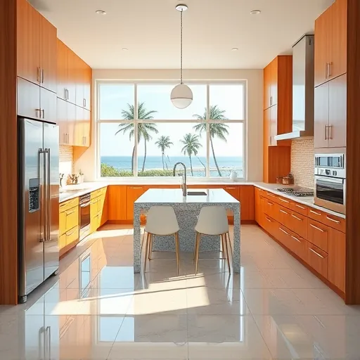 Modern Riviera Beach kitchen with wood cabinets stainless steel appliances granite island sunny views coastal scenery