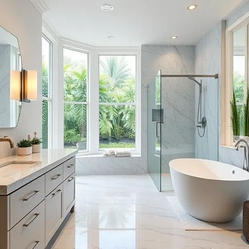 Elegant modern bathroom in Okeechobee Florida with marble countertops glass shower soaking tub lush greenery view