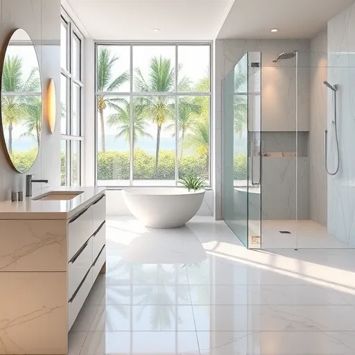 Renovated Gulf Stream Florida bathroom with marble countertops, freestanding tub, walk-in shower, neutral cabinets, and tropical views