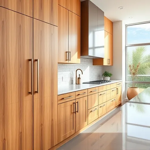Freshly installed modern Riviera Beach kitchen cabinets with natural wood finish, quartz countertops, sleek hardware, and stylish backsplash