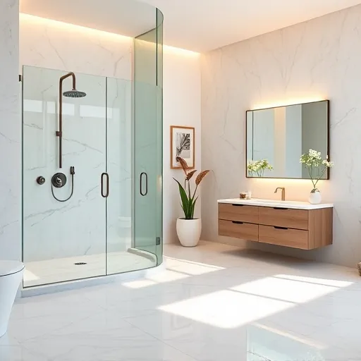 Modern bathroom in Stuart Florida with walk-in glass shower, marble tiles, floating vanity, large mirror, natural light, elegant decor